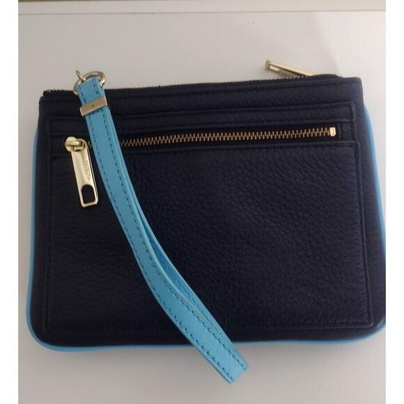 Talbots Pebbled Leather Zipper Top Wristlet, Navy and Blue - Picture 1 of 5